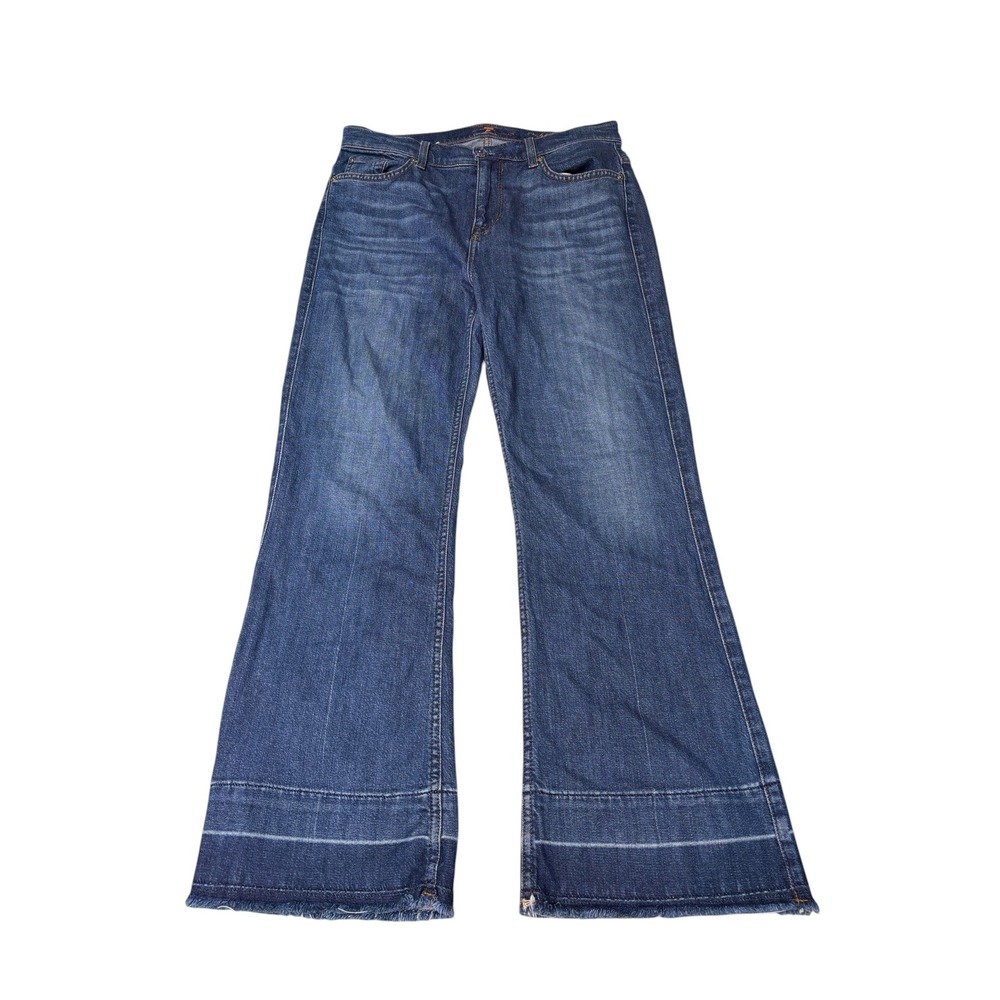 7 For All Mankind Cropped Ali Wide Leg Jeans Blue Wash Raw Hem Womens Size 28X27